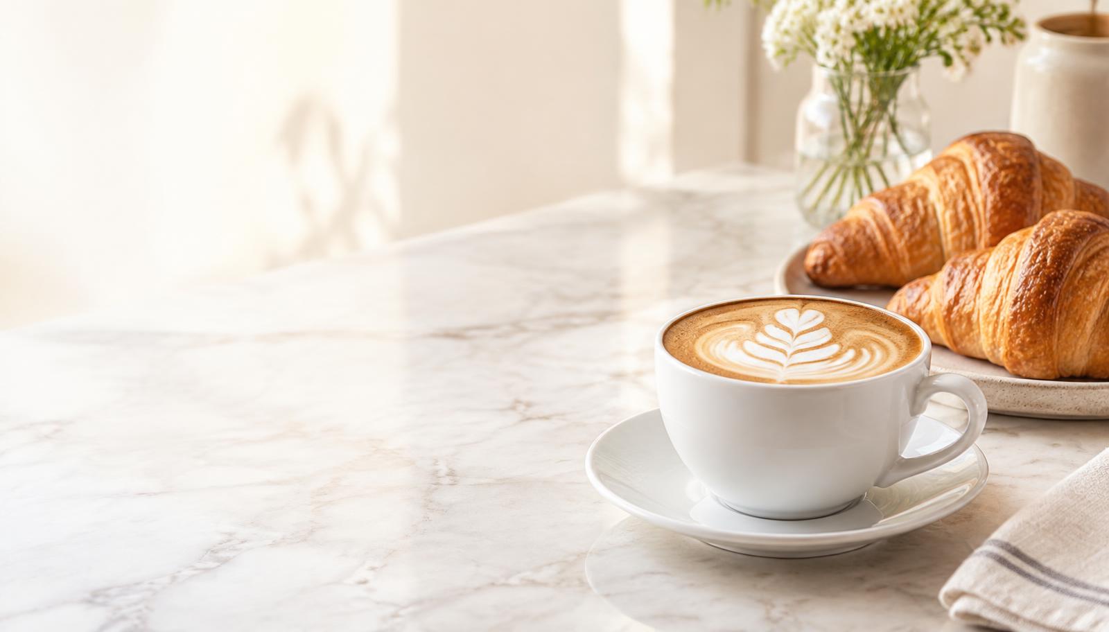 Cappuccino com arte no leite e croissants sobre mesa de mármore