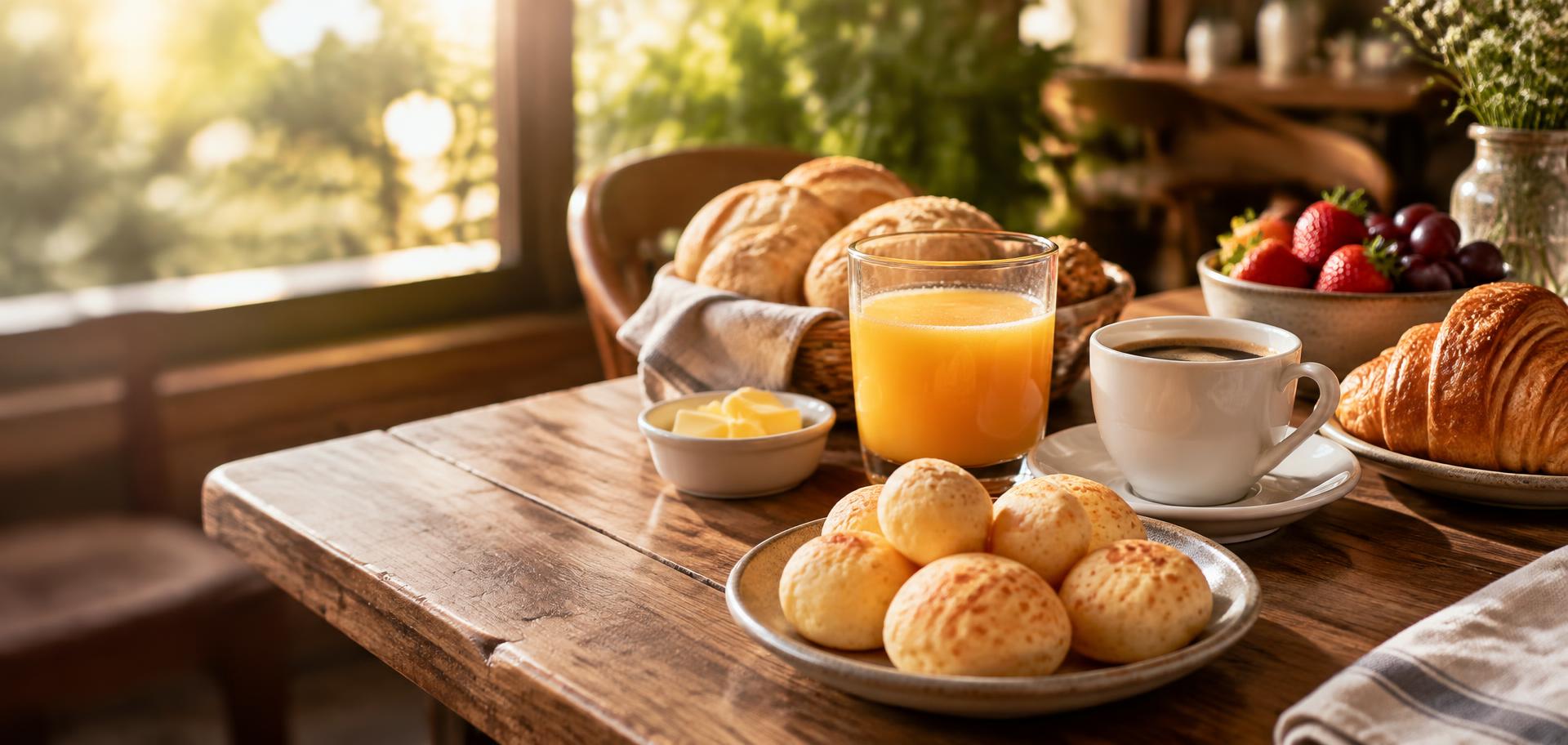 Mesa de café da manhã com pão de queijo, suco de laranja, café, croissant e frutas