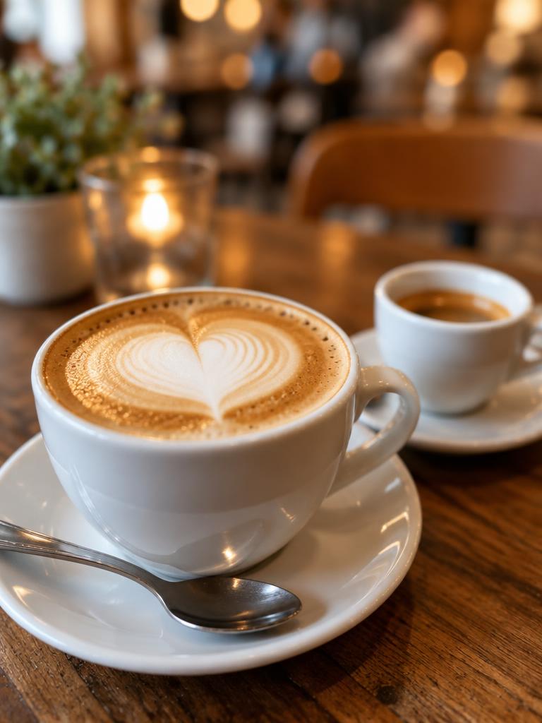 Cappuccino com arte de coração e café espresso