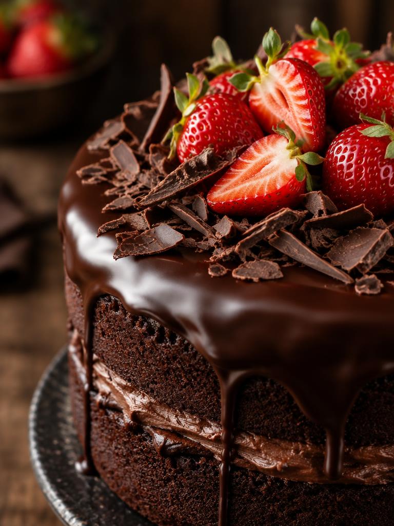 Bolo de chocolate decorado com morangos frescos