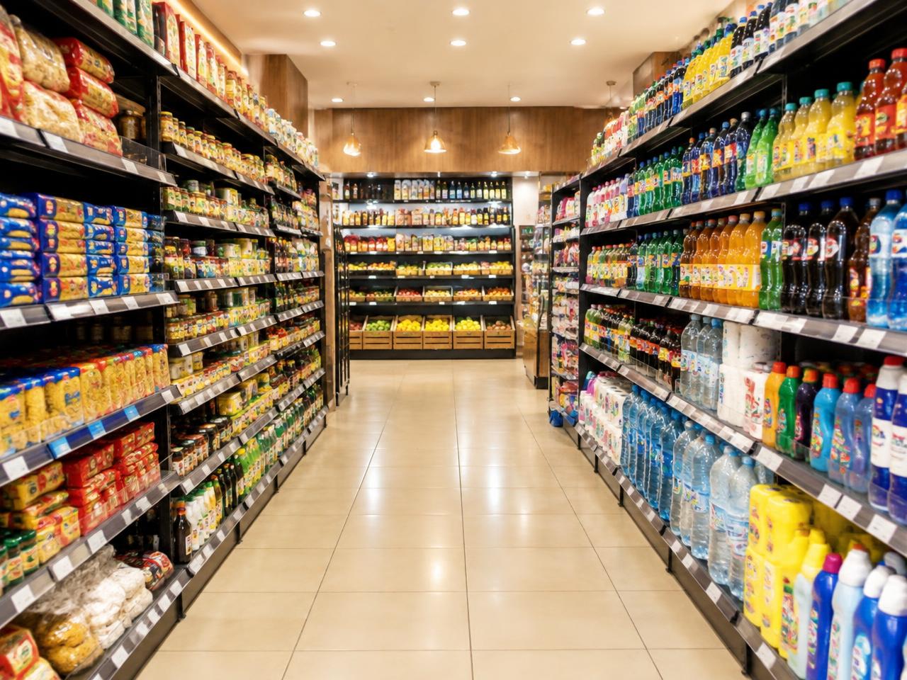 Corredor de mini mercado com prateleiras abastecidas