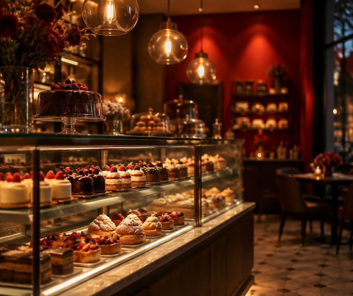 Vitrine de confeitaria iluminada com bolos e doces em ambiente acolhedor
