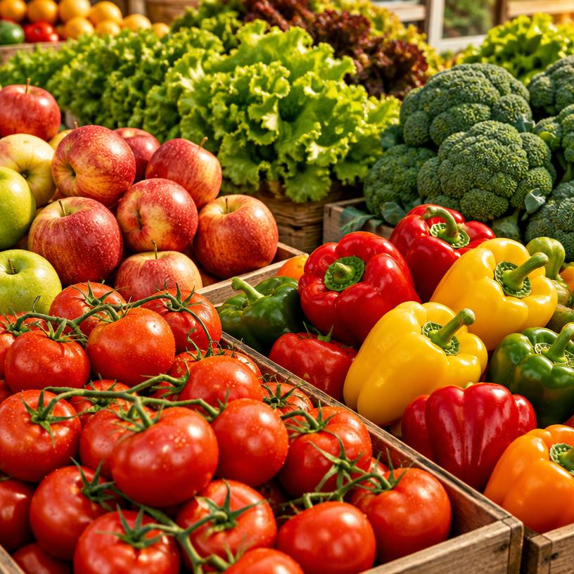 Tomates, pimentões, maçãs e verduras frescas