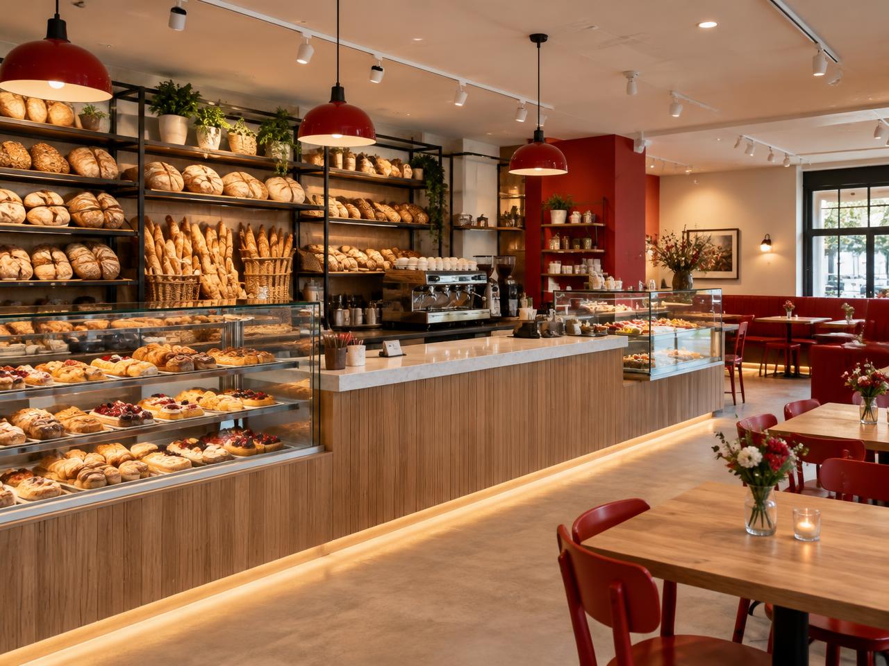Ambiente interno com balcão de pães e cafeteria