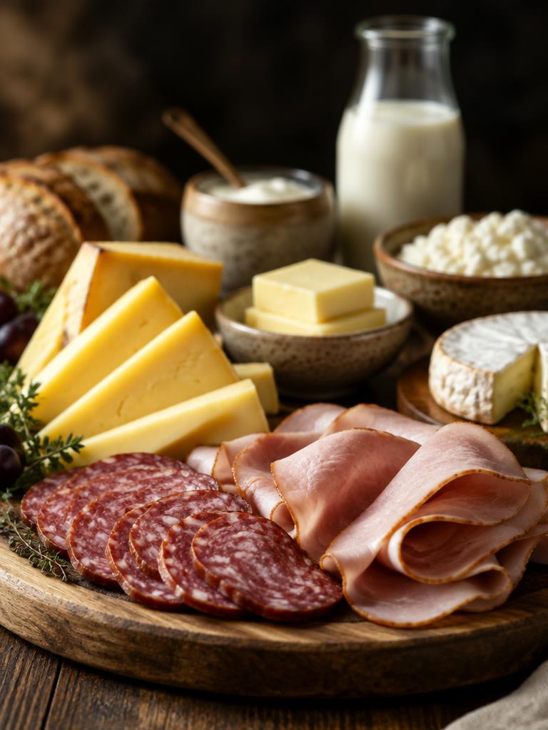 Queijos, presunto, salame e laticínios sobre tábua