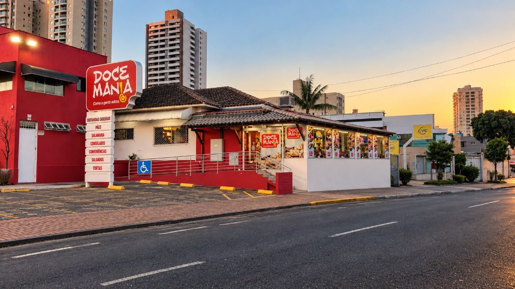 Fachada da Doce Mania em Uberlândia, com totem e vitrine