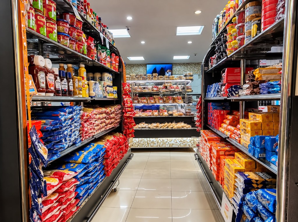 Corredor do mini mercado com prateleiras de mercearia e vitrine de padaria ao fundo