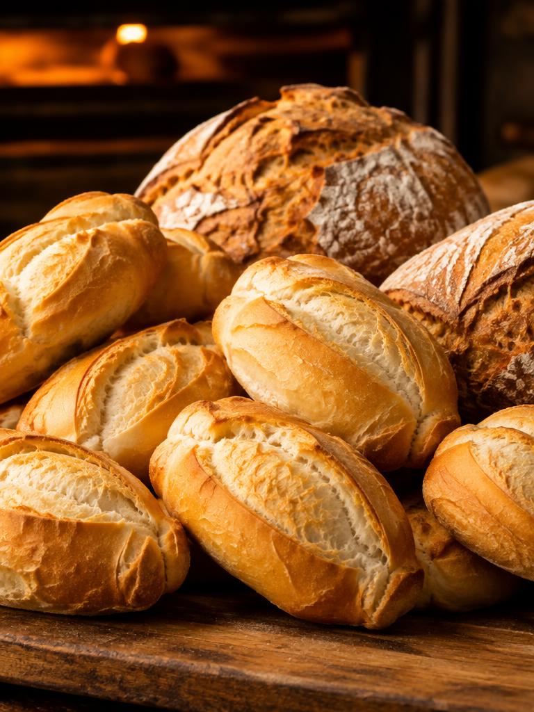 Pães dourados recém-assados sobre tábua de madeira