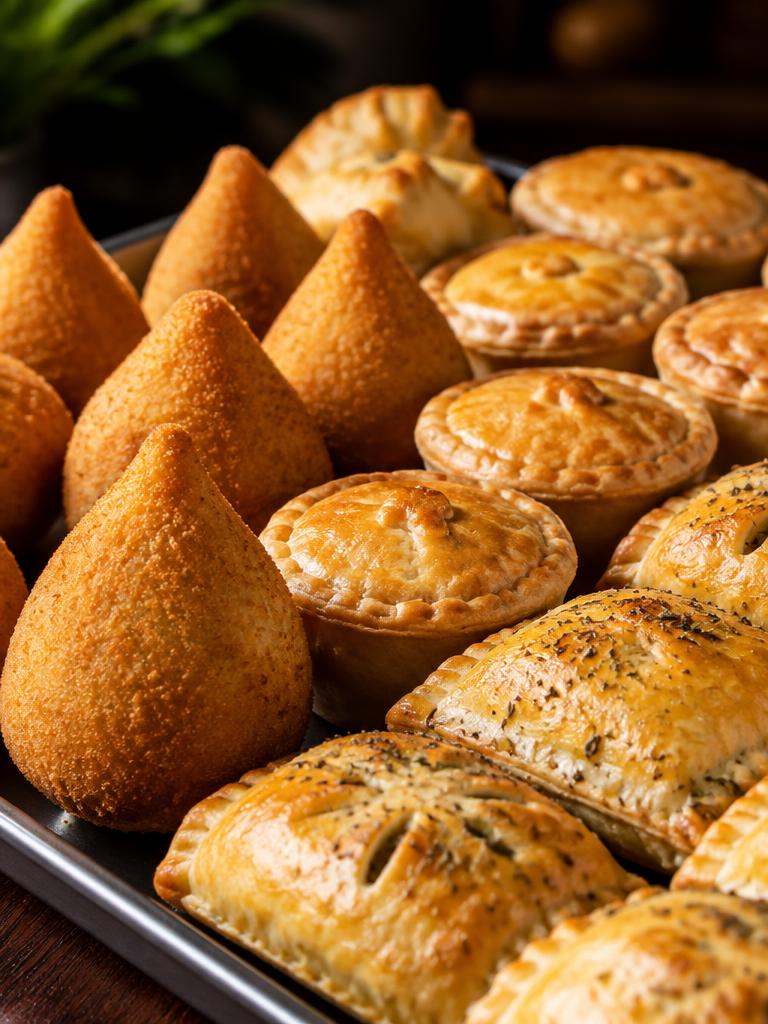 Coxinhas, empadas e salgados assados em uma bandeja