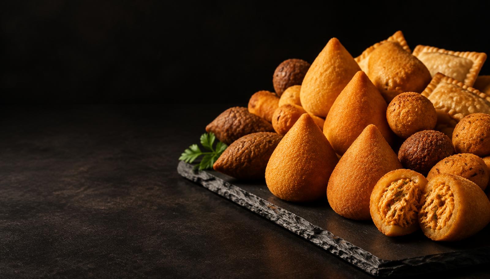 Coxinhas e salgados fritos sobre tábua de pedra escura