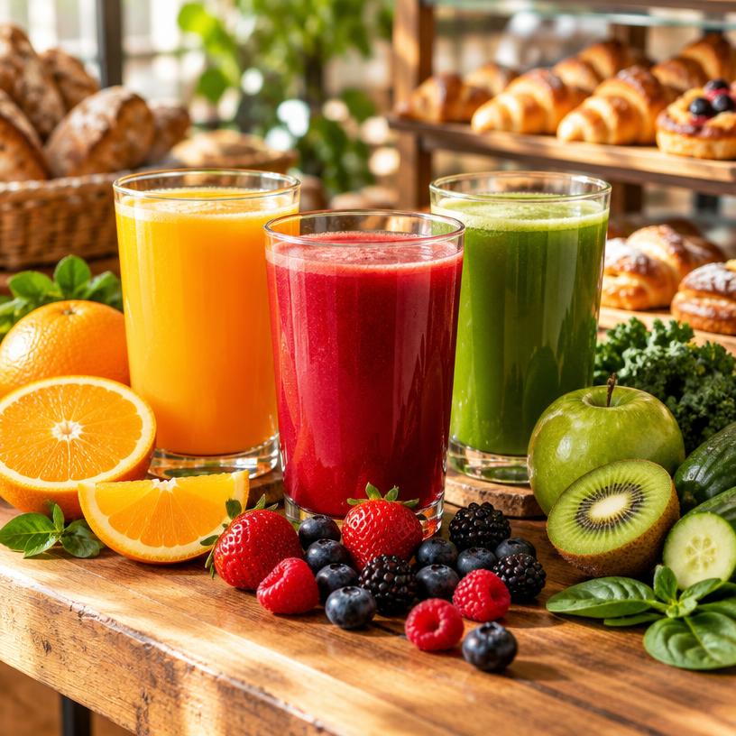 Copos de suco de laranja, frutas vermelhas e verde